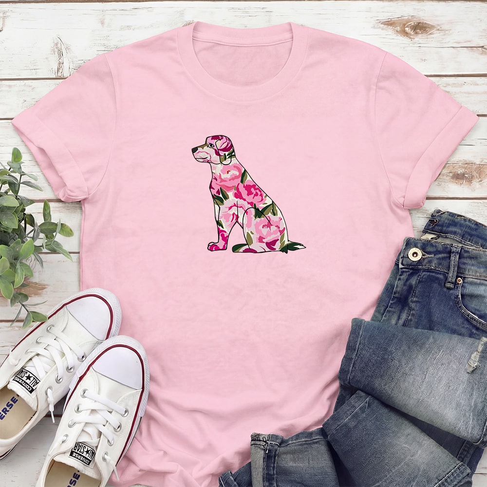 Floral Puppy Silhouette Standard Tee Light Pink