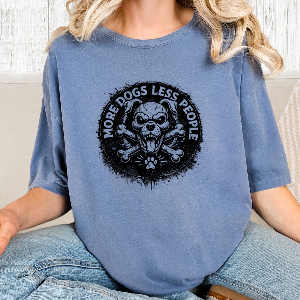 Comfort Colors More Dogs Less People Antisocial Vintage Washed Tee - Blue Jean