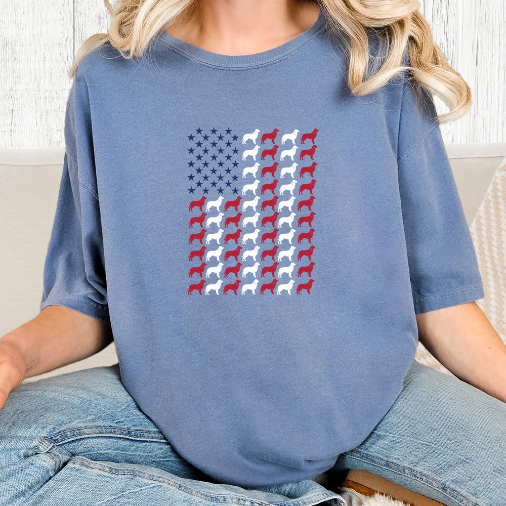 Comfort Colors Dog Lover American Flag Vintage Washed Tee - Blue Jean