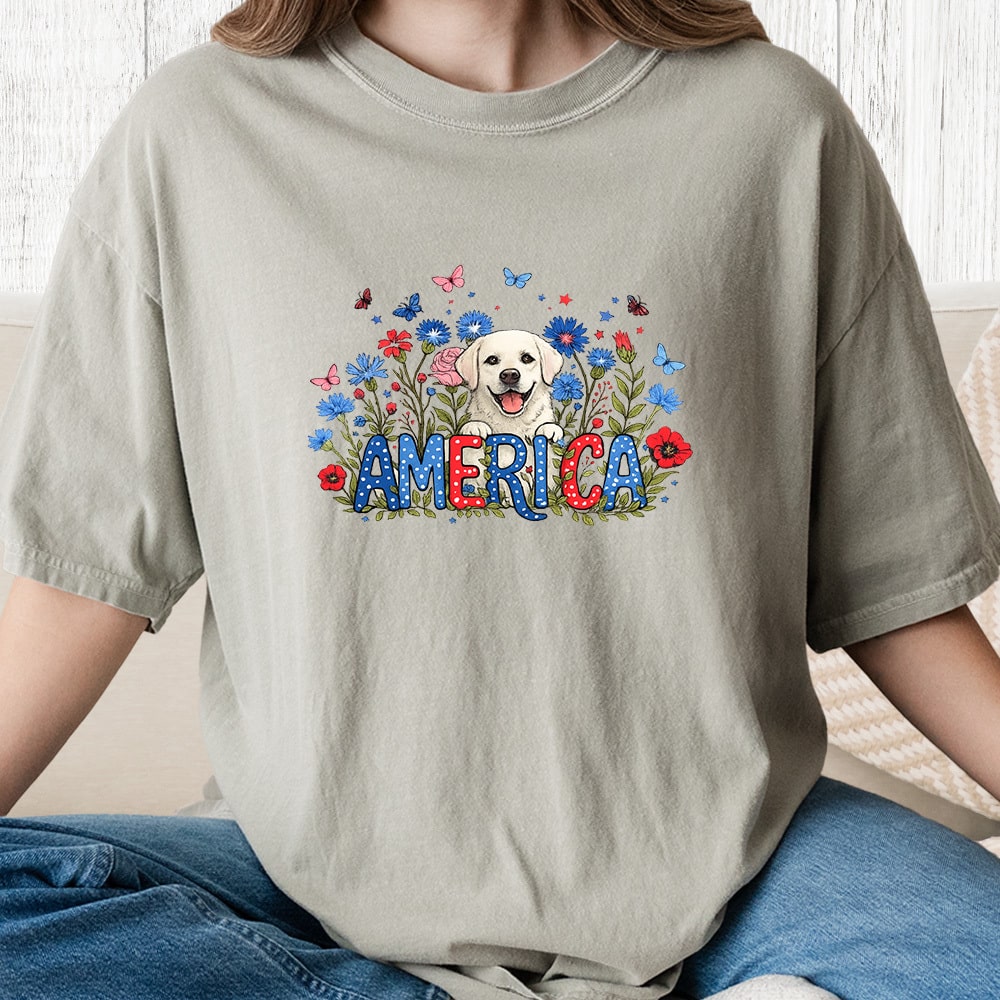 Comfort Colors Patriotic Puppy Garden Vintage Washed Tee - Sandstone