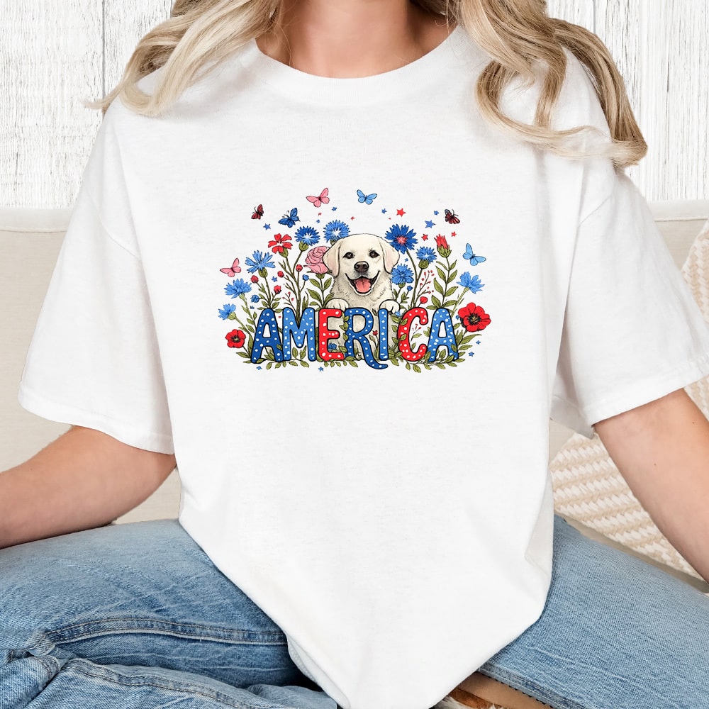 Comfort Colors Patriotic Puppy Garden Vintage Washed Tee - White