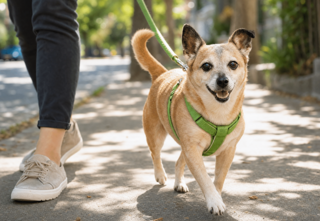 An older chihuahuha walks on-leash alongside a woman's legs.