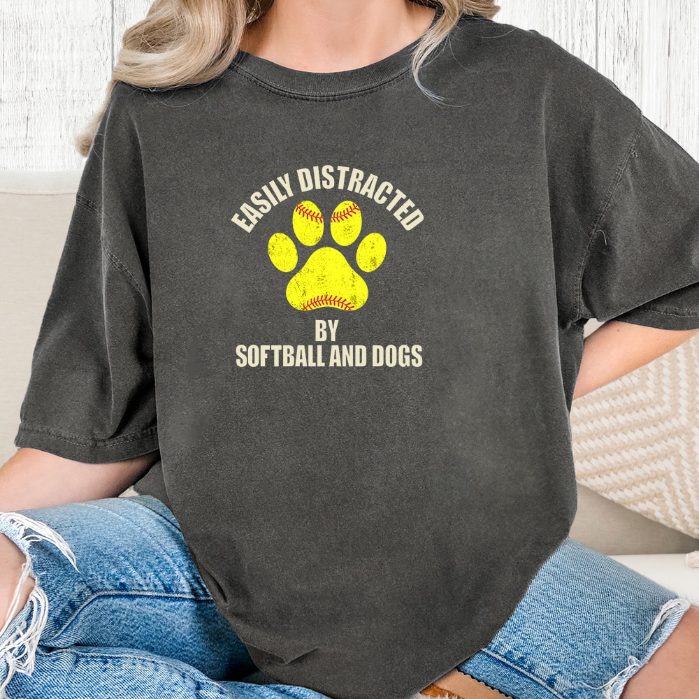 Comfort Colors Easily Distracted By Softball And Dogs Vintage Washed Tee - Pepper