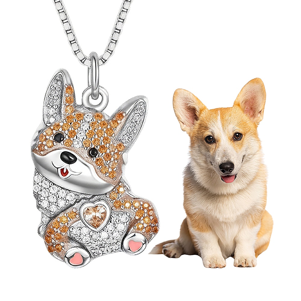 Corgi Pendant Necklace – Crystal Dog Lover Jewelry with Heart Charm