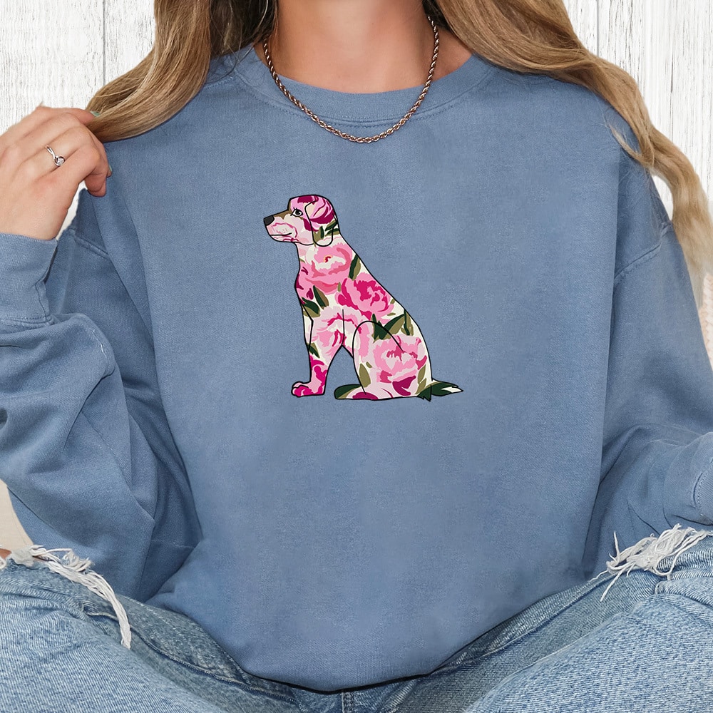 Comfort Colors Floral Puppy Silhouette Premium  Sweatshirt - Blue Jean