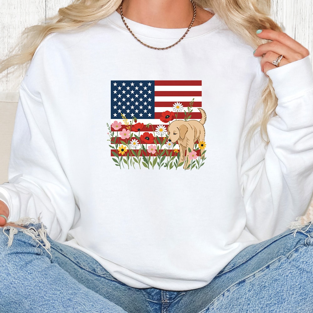 Comfort Colors Floral American Flag Dog Premium  Sweatshirt - White
