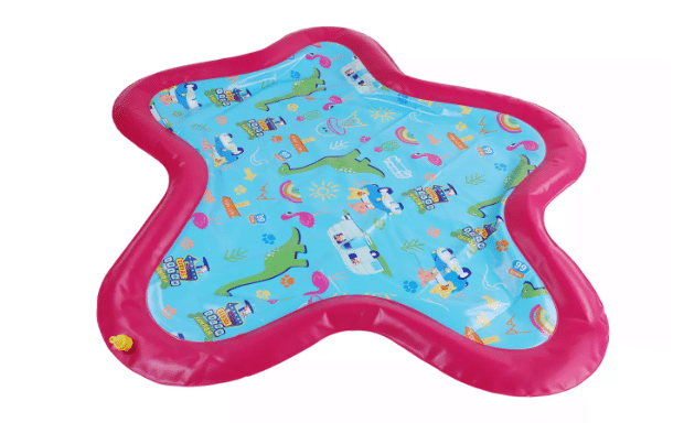 A wavy shaped blue and red Petsmart splash pad for dogs.