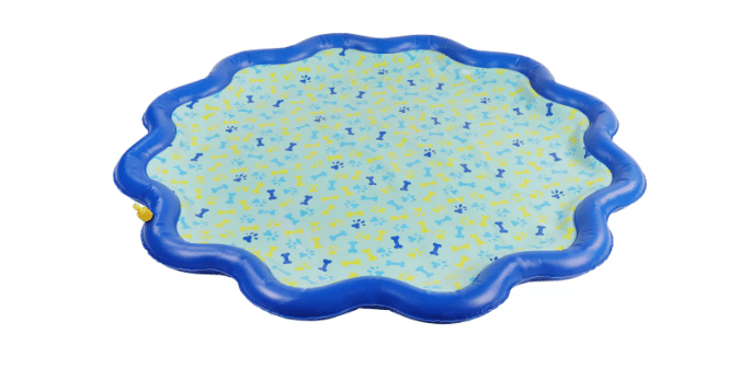 A rounded wavy edged blue and aqua splash pad for dogs from PetSmart.