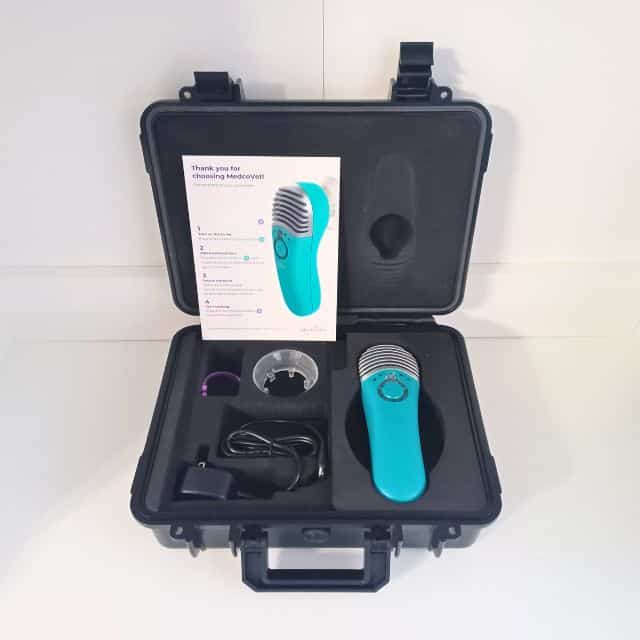 A black box contains the MedcoVet Luma, charging equipment, accessories, and instruction card.
