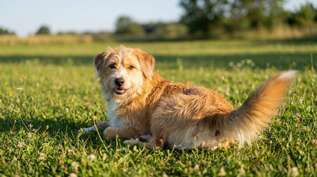 Relaxed dog lying on a grassy lawn in soft afternoon light