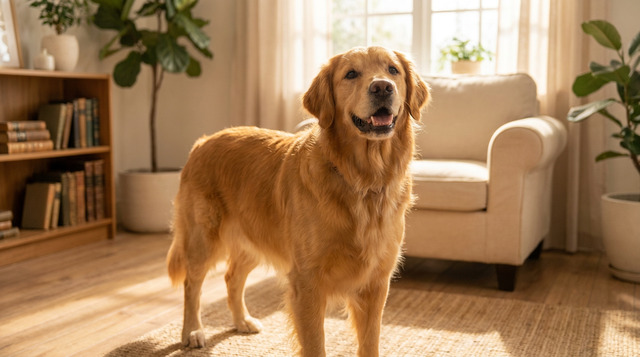 Happy golden retriever standing in a sunlit living room looking relaxed and healthy