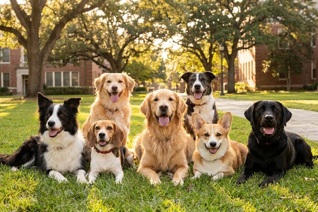 Group of happy dog breeds sitting together on a campus lawn, representing the best dogs for teachers