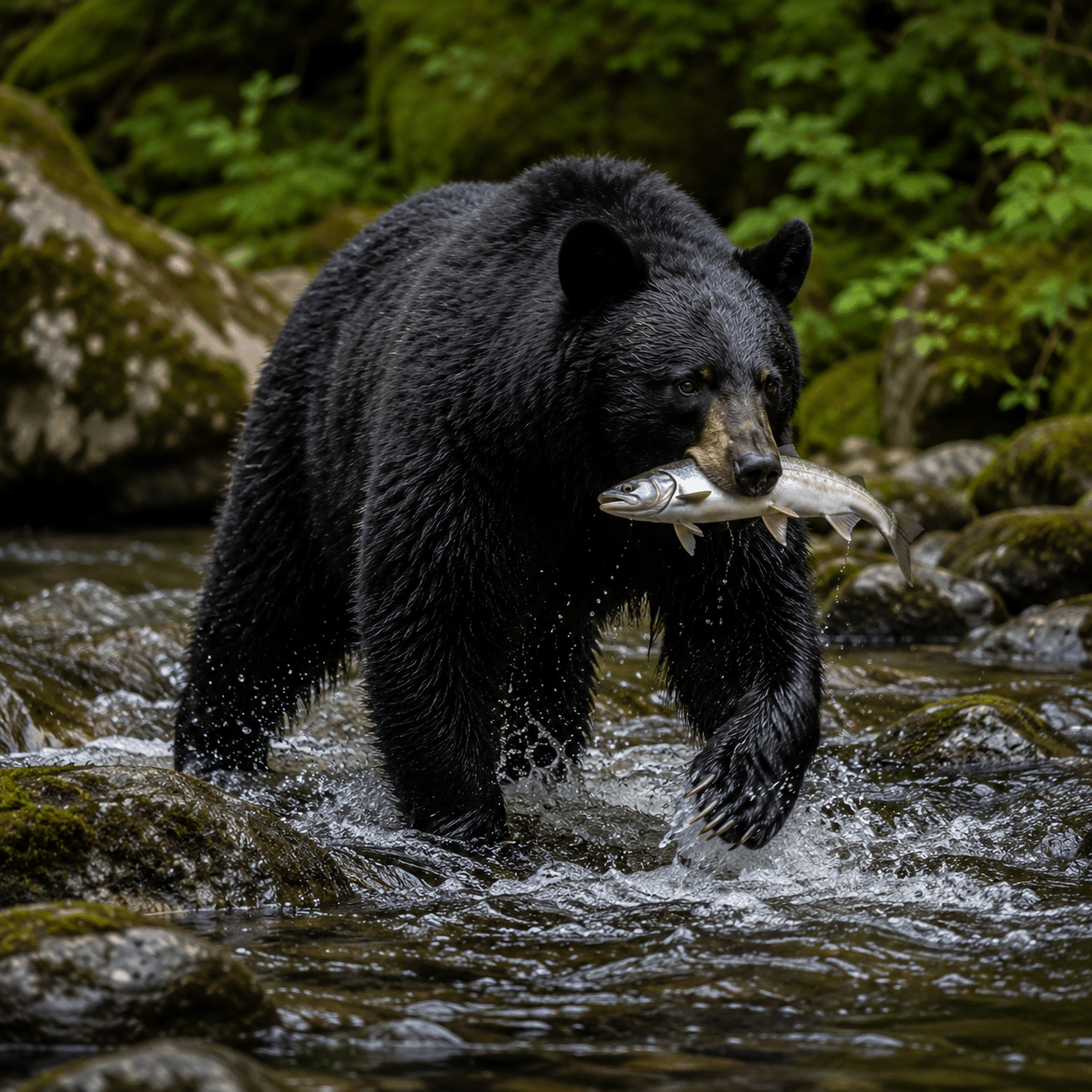 black bear wading in river with fish