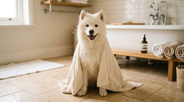 Clean happy dog after a grooming session