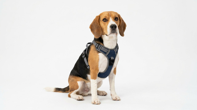 Beagle wearing a dog harness ready for safe car travel