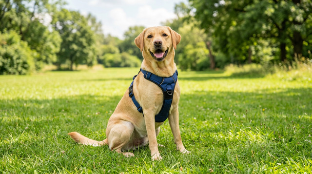 Happy dog wearing a crash-tested safety harness outdoors