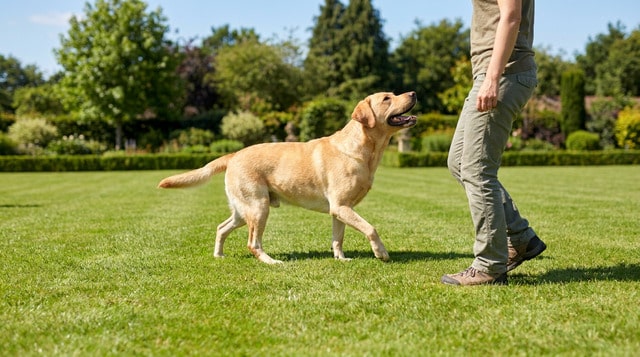 Happy dog on a clean green lawn
