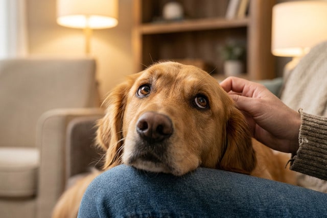 Dog with expressive raised eyebrows looking lovingly at its owner