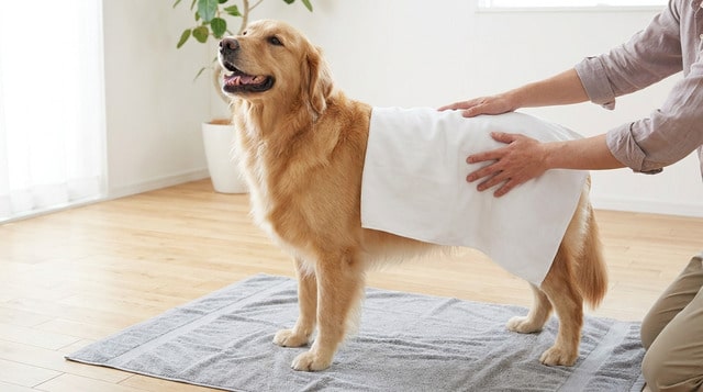 Happy dog being cleaned with grooming wipes