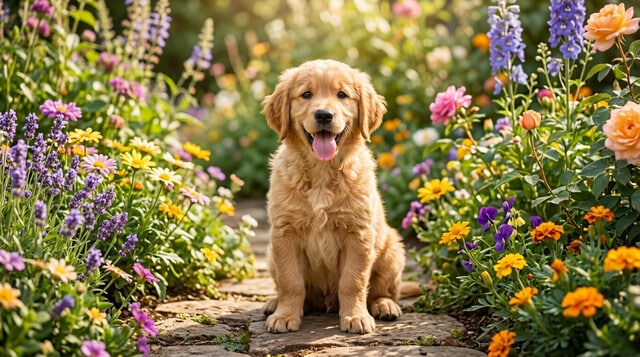 Golden Retriever puppy sitting in a sunny garden - dog names that start with C