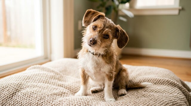 Small mixed breed dog tilting head curiously on a cozy blanket