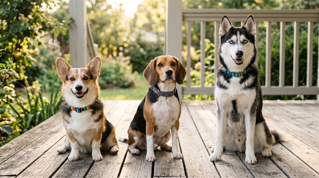 Three different dog breeds sitting together on a porch with colorful collars
