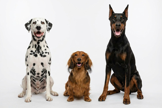 Three dog breeds whose names start with D - a Dalmatian, Dachshund, and Doberman sitting together