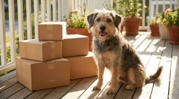 Happy dog with delivered pet supply boxes on porch