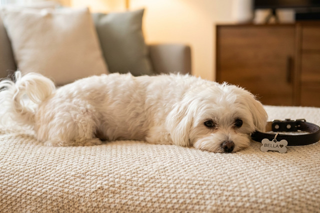 Fluffy white dog with a name tag collar, representing the joy of choosing the perfect D name for your dog