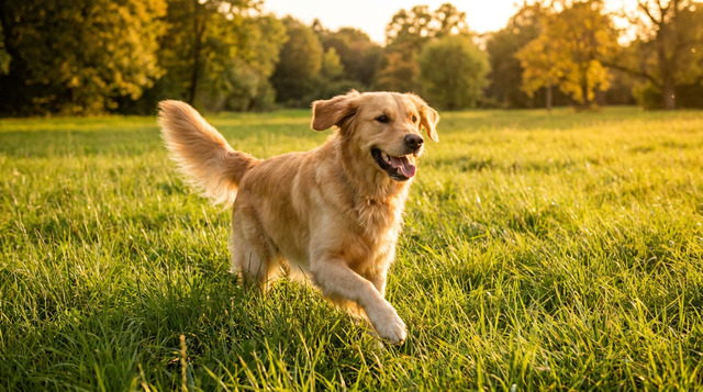 happy energetic dog running through sunny park with healthy joints and digestion