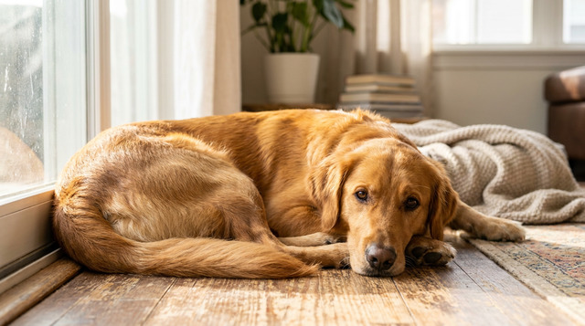 relaxed dog lying comfortably on living room floor after taking anal gland supplement