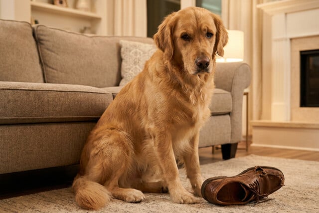 Golden Retriever looking guilty on the couch with a chewed shoe nearby