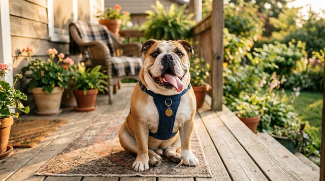 Happy healthy bulldog enjoying life with good nutrition and supplements