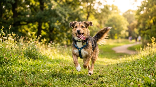 Happy energetic dog running through a park