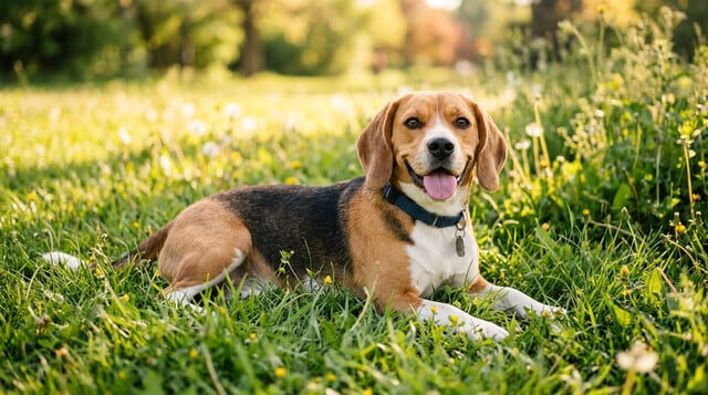 Happy healthy dog relaxing outdoors in the grass