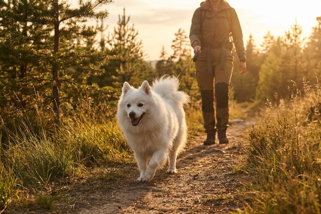 Fluffy white Japanese Spitz walking happily on a trail at golden hour