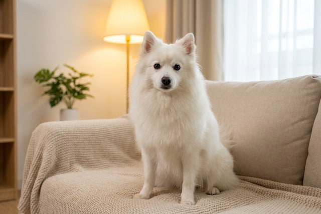 White Japanese Spitz sitting on a cozy couch with bright eyes