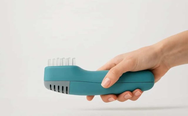 A female hand holds a MedcoVet Luma device in front fo a white background.