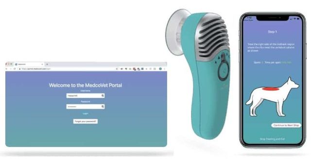 The MedcoVet Luma device, website, and phone app are displayed on a white background.