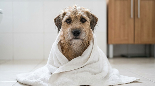 Mixed breed dog wrapped in towel after bath