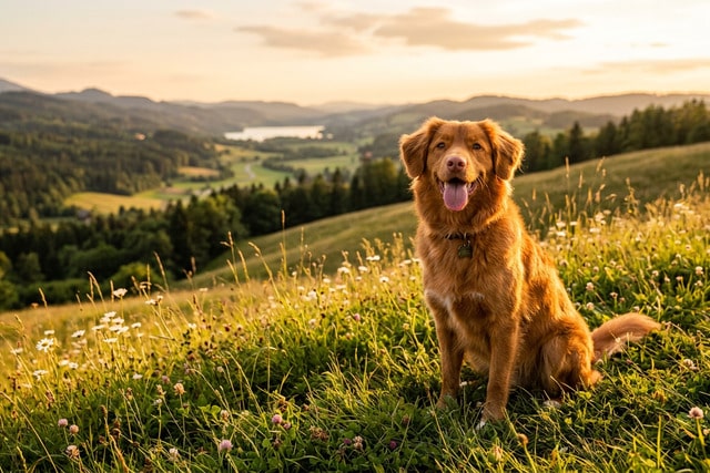 Nova Scotia Duck Tolling Retriever relaxing on a grassy hill at golden hour