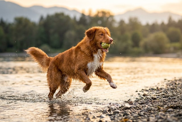 Nova Scotia Duck Tolling Retriever playing in a lake with water splashing