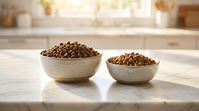 Two bowls of premium dog food kibble side by side on a kitchen counter for comparison