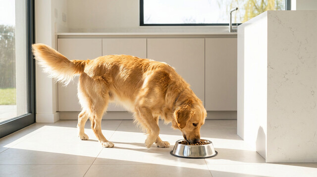 Happy golden retriever eating from a stainless steel bowl in a bright modern kitchen
