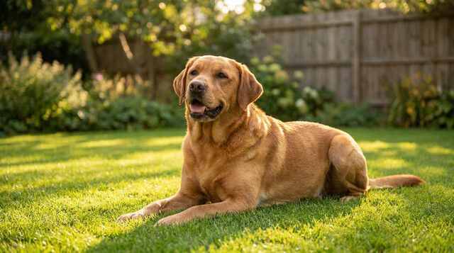 Healthy Labrador retriever with a shiny coat lying relaxed on green grass in a sunny backyard