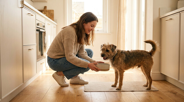 Dog owner feeding their dog from a bowl on the kitchen floor