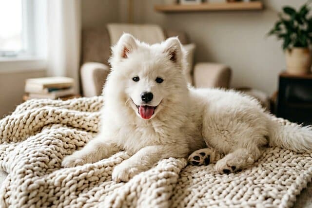 Cute fluffy white Samoyed dog looking playful on a cozy blanket