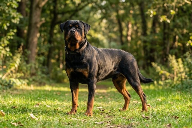 Muscular Rottweiler standing proudly in a park