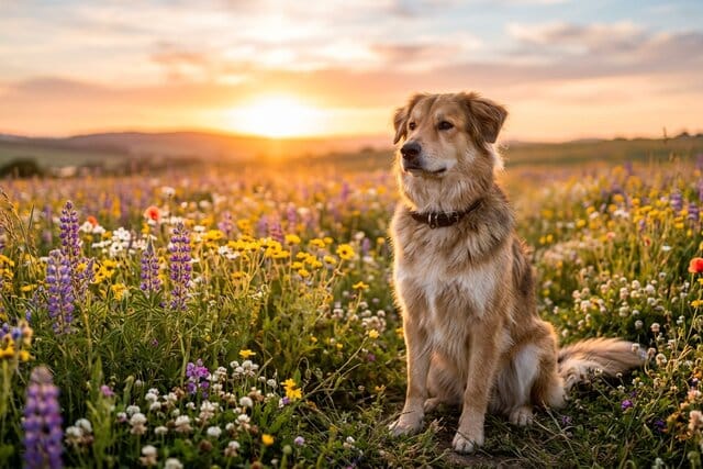 Beautiful dog sitting in a field of wildflowers at sunset