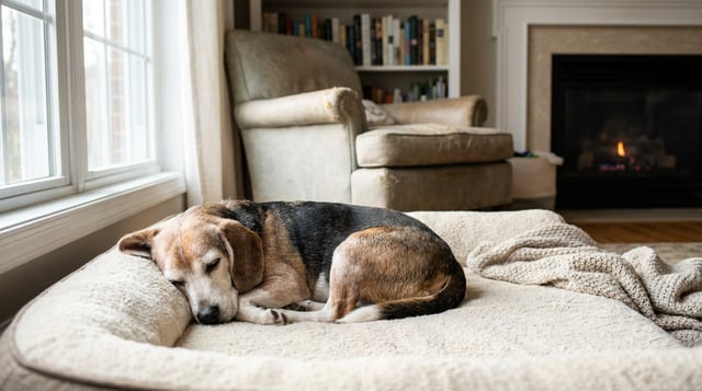 Senior beagle resting comfortably on a dog bed